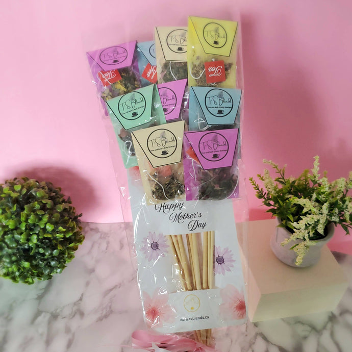 A beautifully wrapped tea bouquet featuring an assortment of loose-leaf tea blends, elegantly arranged like a floral bouquet.

This Tea Bouquet is a delightful way to explore a variety of wellness teas while enjoying a visually stunning and thoughtful gift. Order yours today and experience the beauty of tea in bloom!
